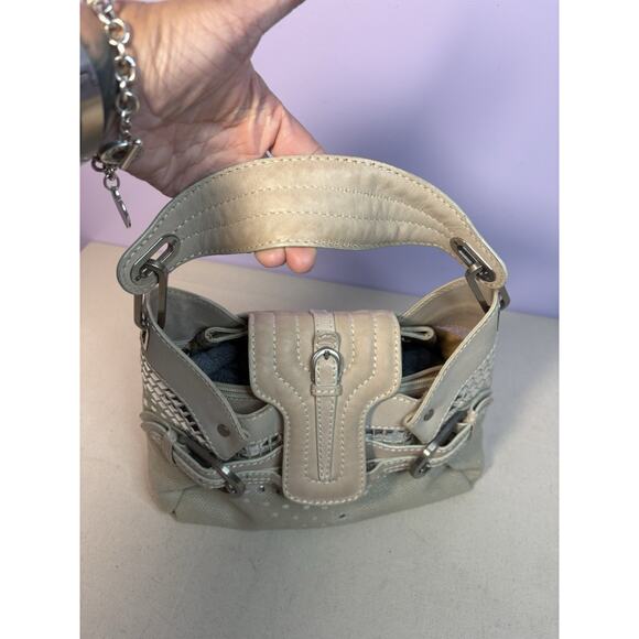 Jimmy Choo Buckle Studded Tulita Hobo Shoulder Bag Tan Canvas - Picture 10 of 16